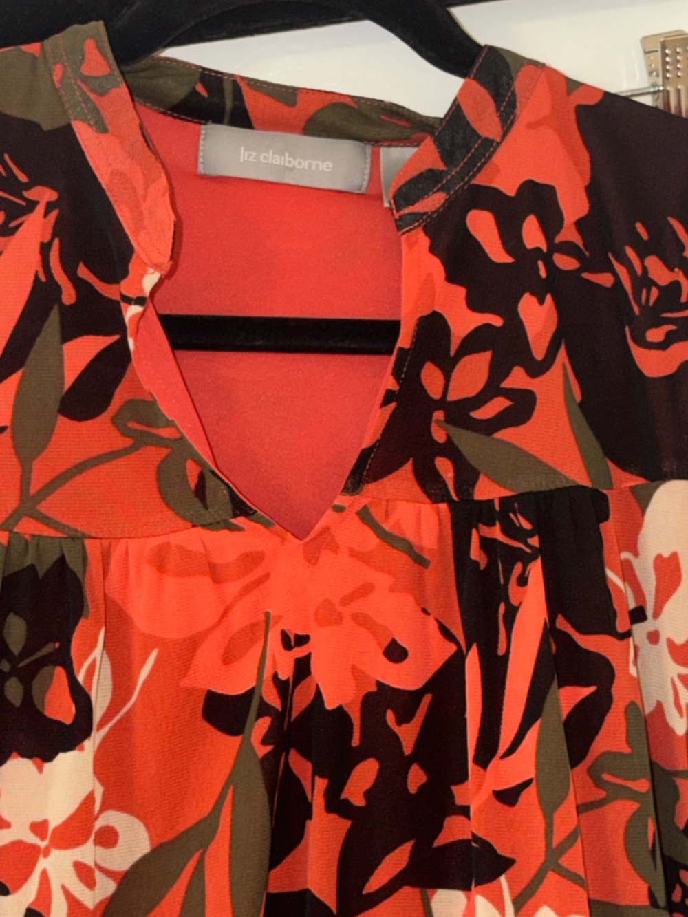 Liz Claiborne Coral and Black Floral V-Neck Blouse